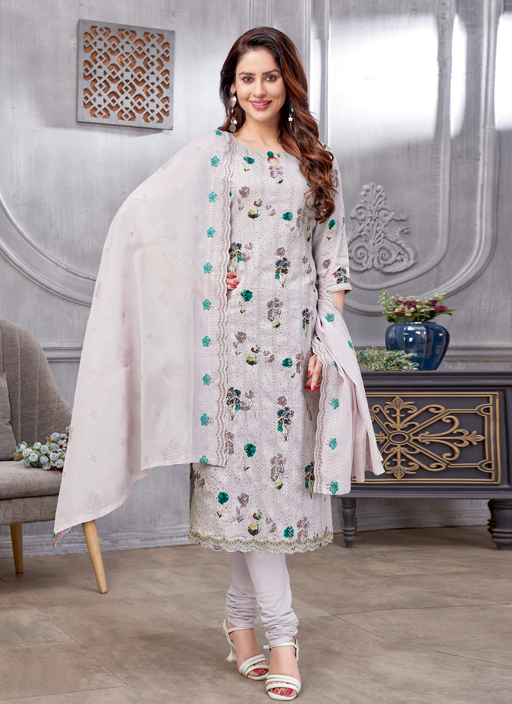 Buy Online Cotton Embroidered Churidar Designer Suit in Grey 258230