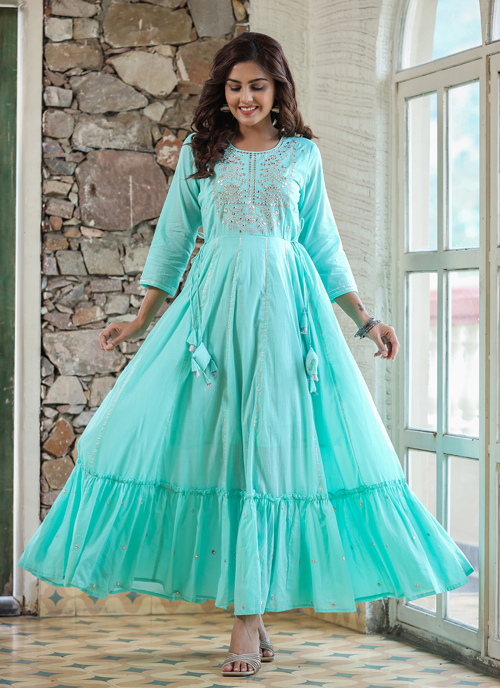 Buy Online Cotton Sea Green Embroidered Readymade Gown 259726