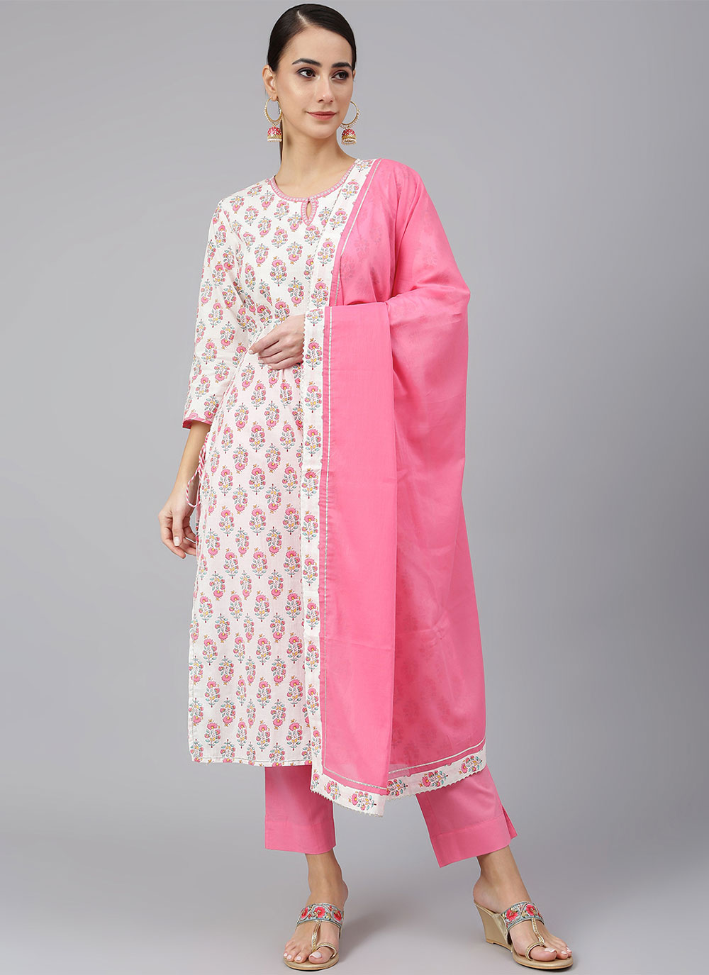 Buy Cotton Straight Salwar Kameez in Off White : 256240