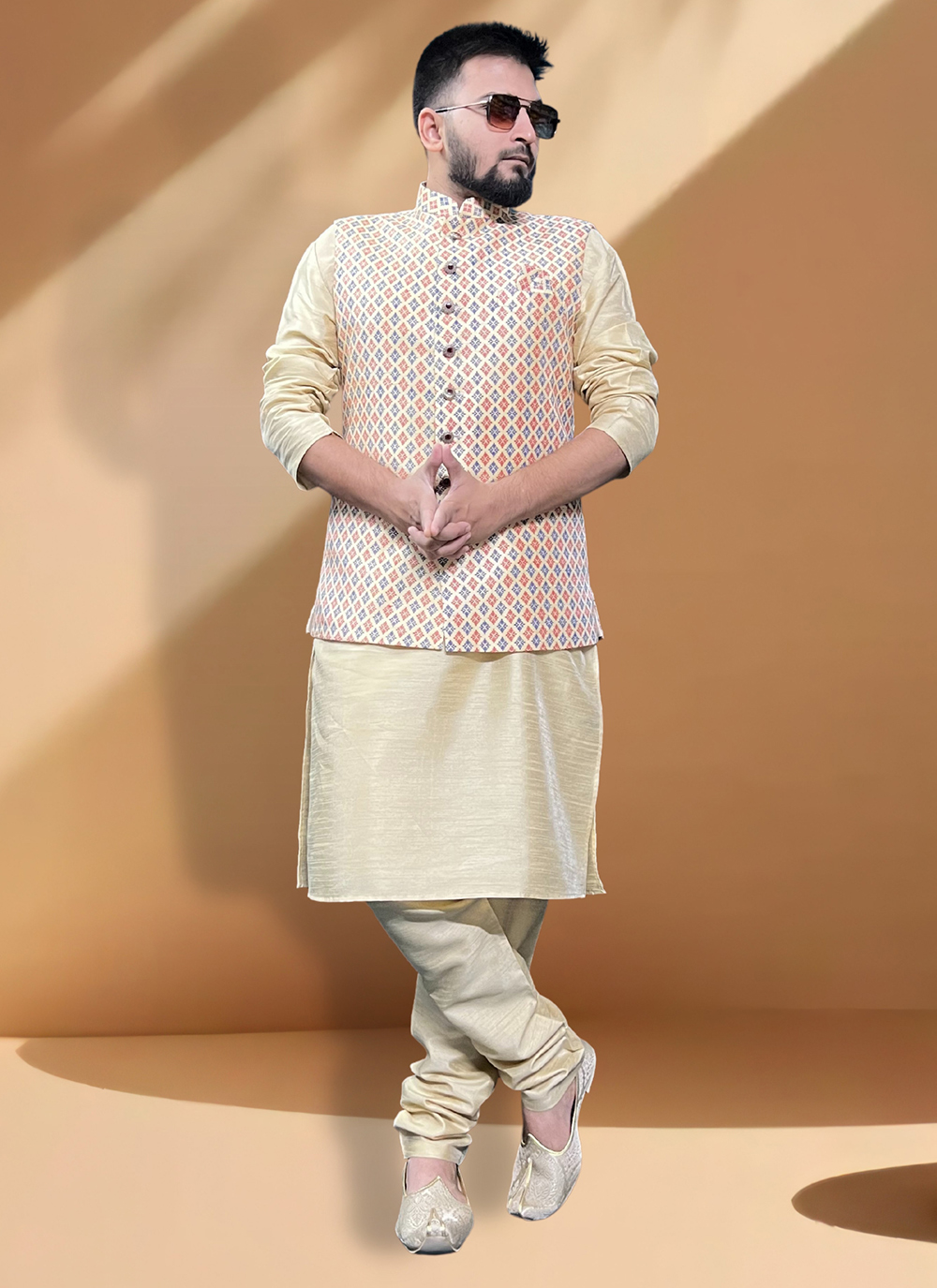 Buy Cream and Gold Color Kurta Payjama With Jacket 264307