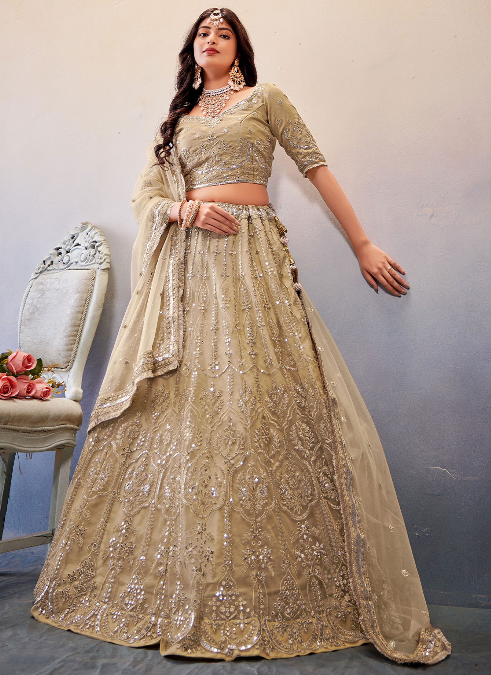 Buy Green and Peach-coloured Unstitched Lehenga & Blouse With Dupatta Online  in India - Etsy