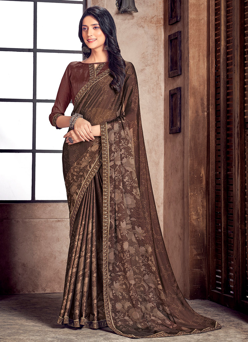 Dirt Brown Georgette Designer Saree with Embroidered Blouse – MySilkLove