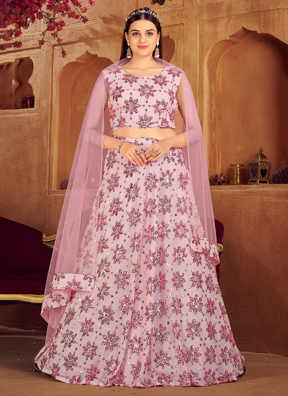 Purple Flat Chiffon Layered Lehenga Set Design by Vridhi Somaani at  Pernia's Pop Up Shop 2024