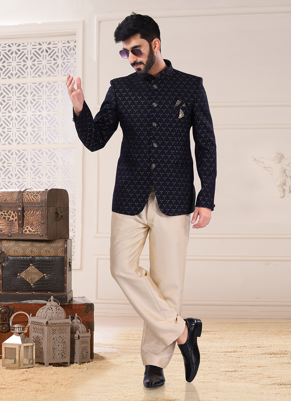 Buy Embroidered Jacquard Jodhpuri Suit in Blue Online 249094