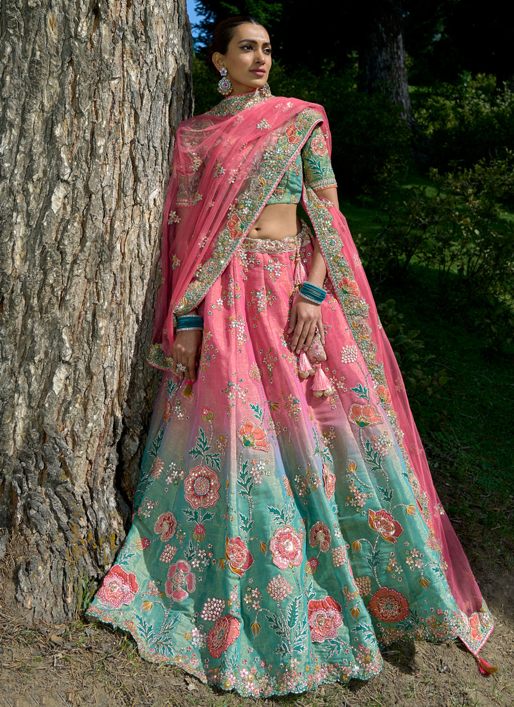 Green pink lehenga on sale choli