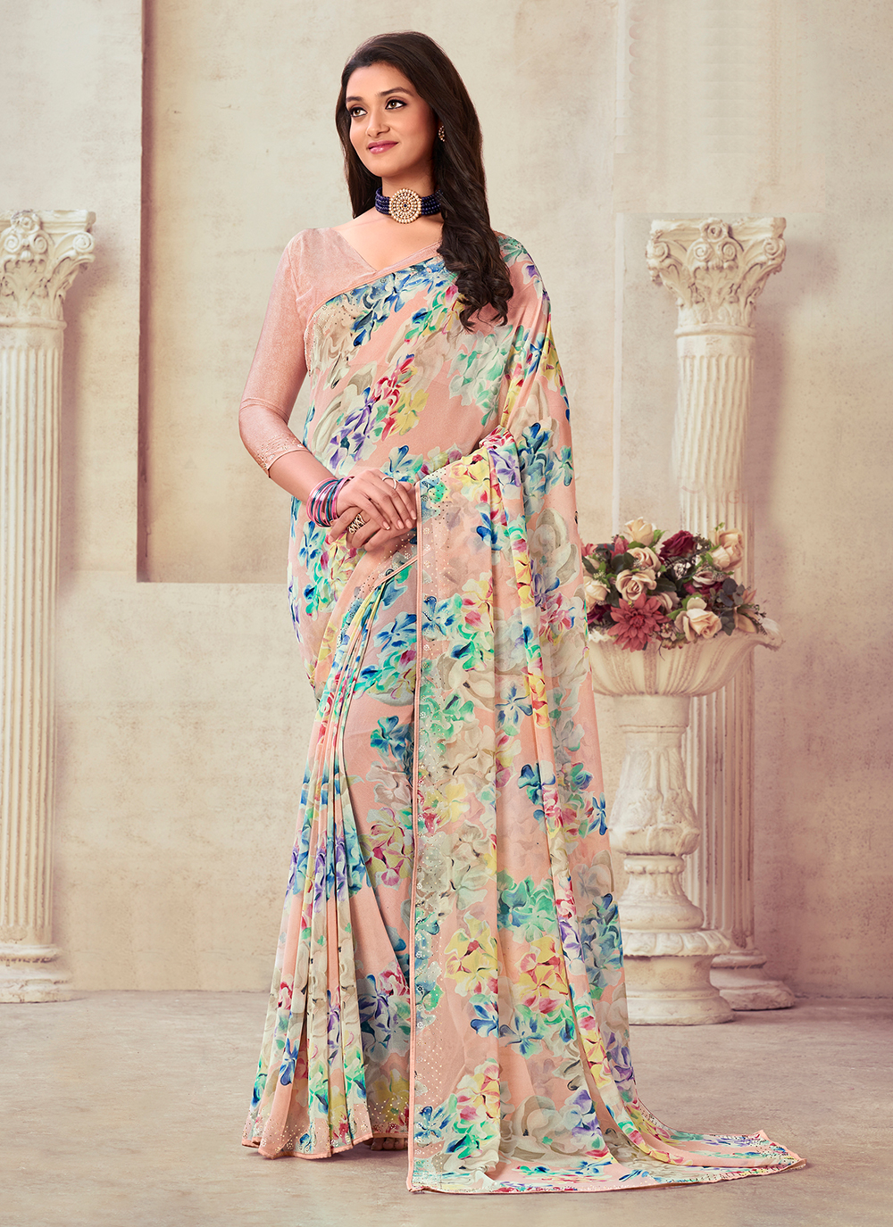 Baby Pink Floral Printed Georgette Saree with Blouse SF06 – Ethnic's By  Anvi Creations