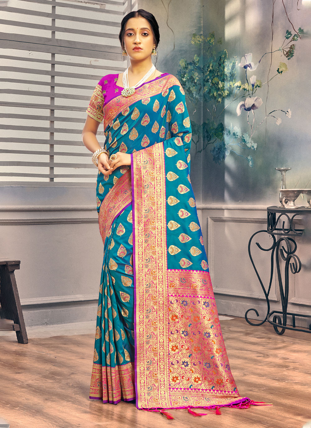 Firozi color Woven Banarasi Classic Designer Saree