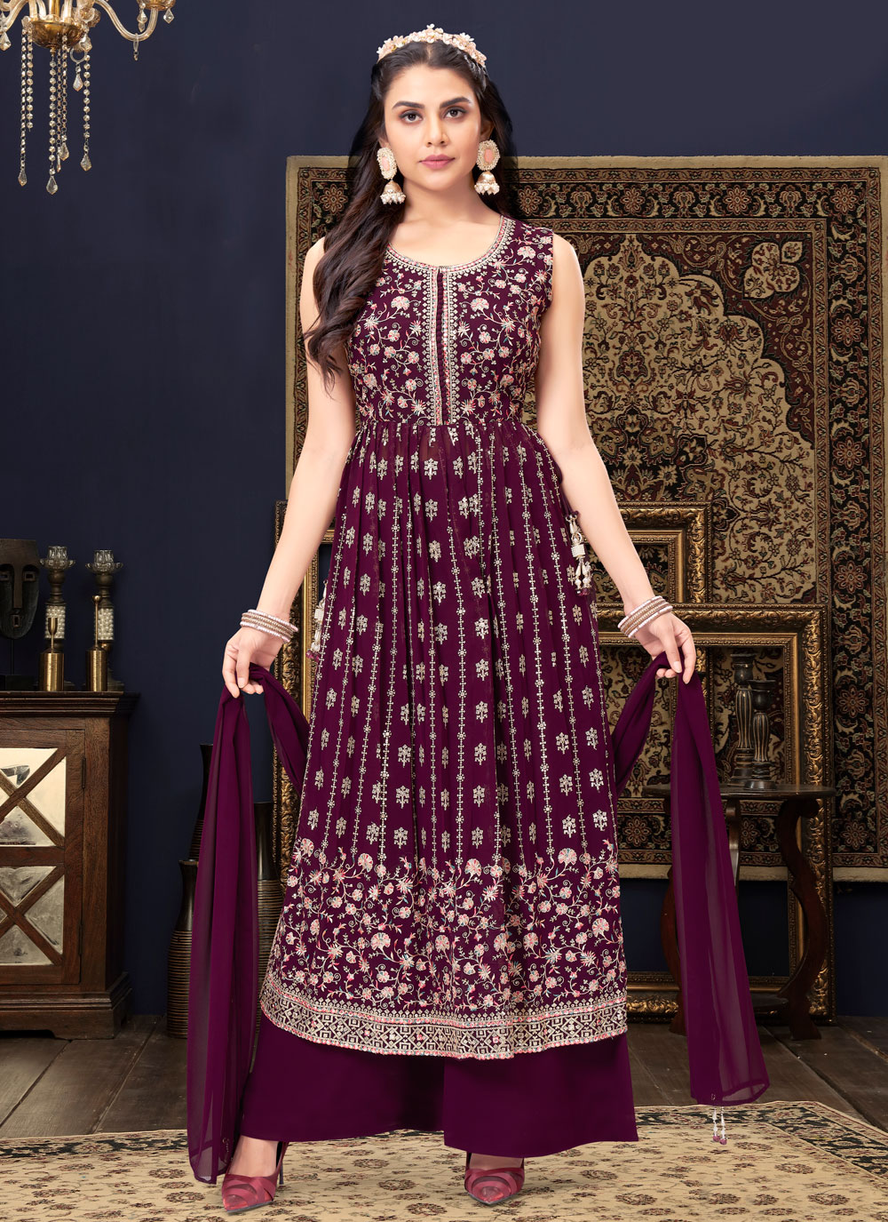 Buy Georgette Purple Sequins Designer Salwar Kameez Online