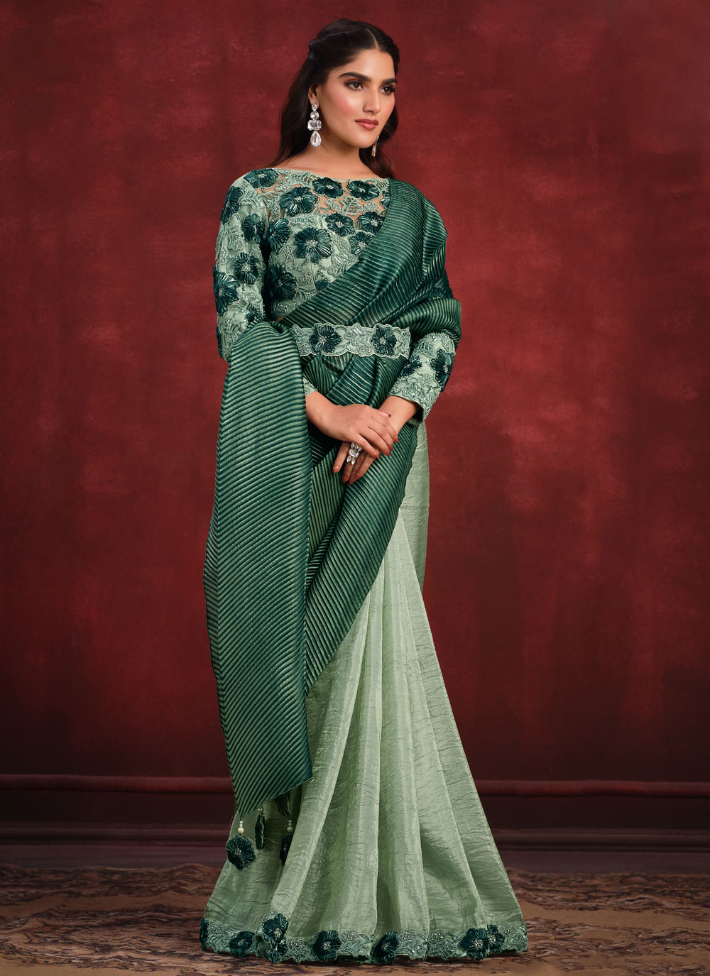 Pista Green Silk Embroidery Sequins Work Saree Party Wear