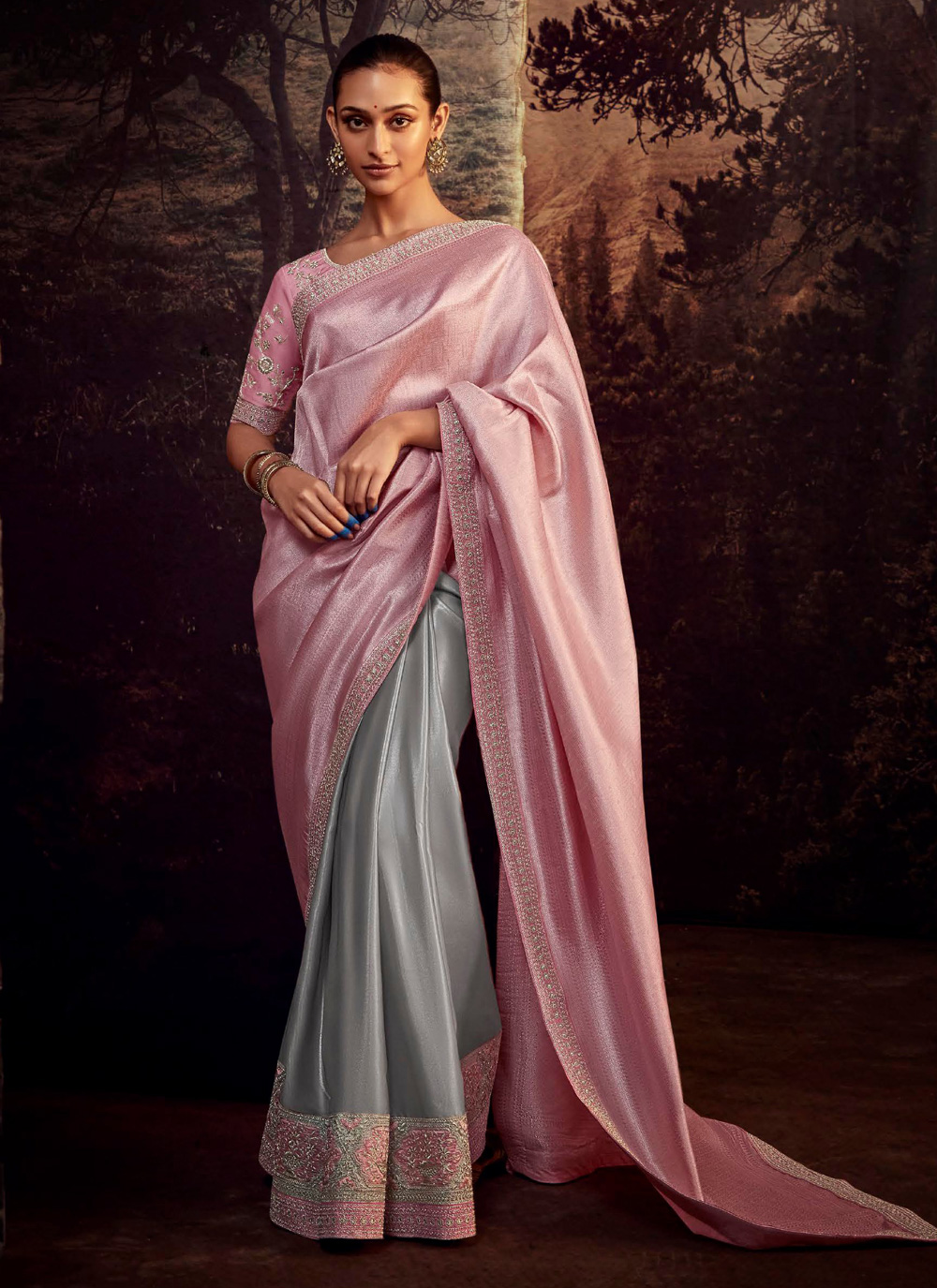 Grey and Pink Border Party Contemporary Saree