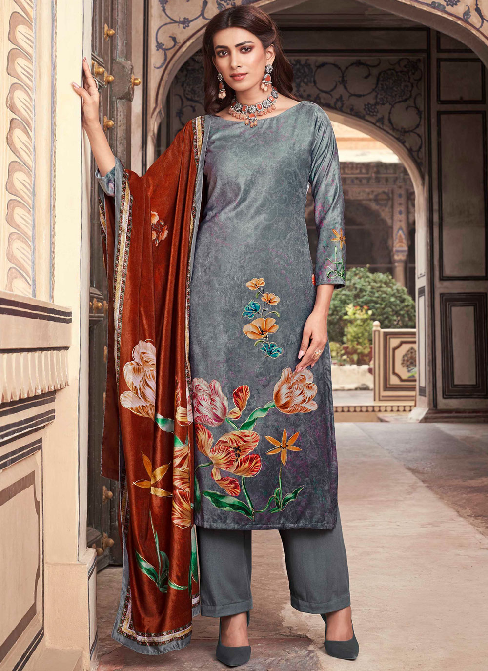 Buy Online Grey Velvet Palazzo Salwar Suit with Digital Print Work ...