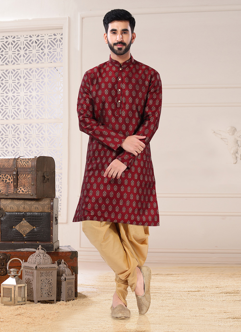 Buy Online Maroon Jacquard Thread Work Dhoti Kurta 249247