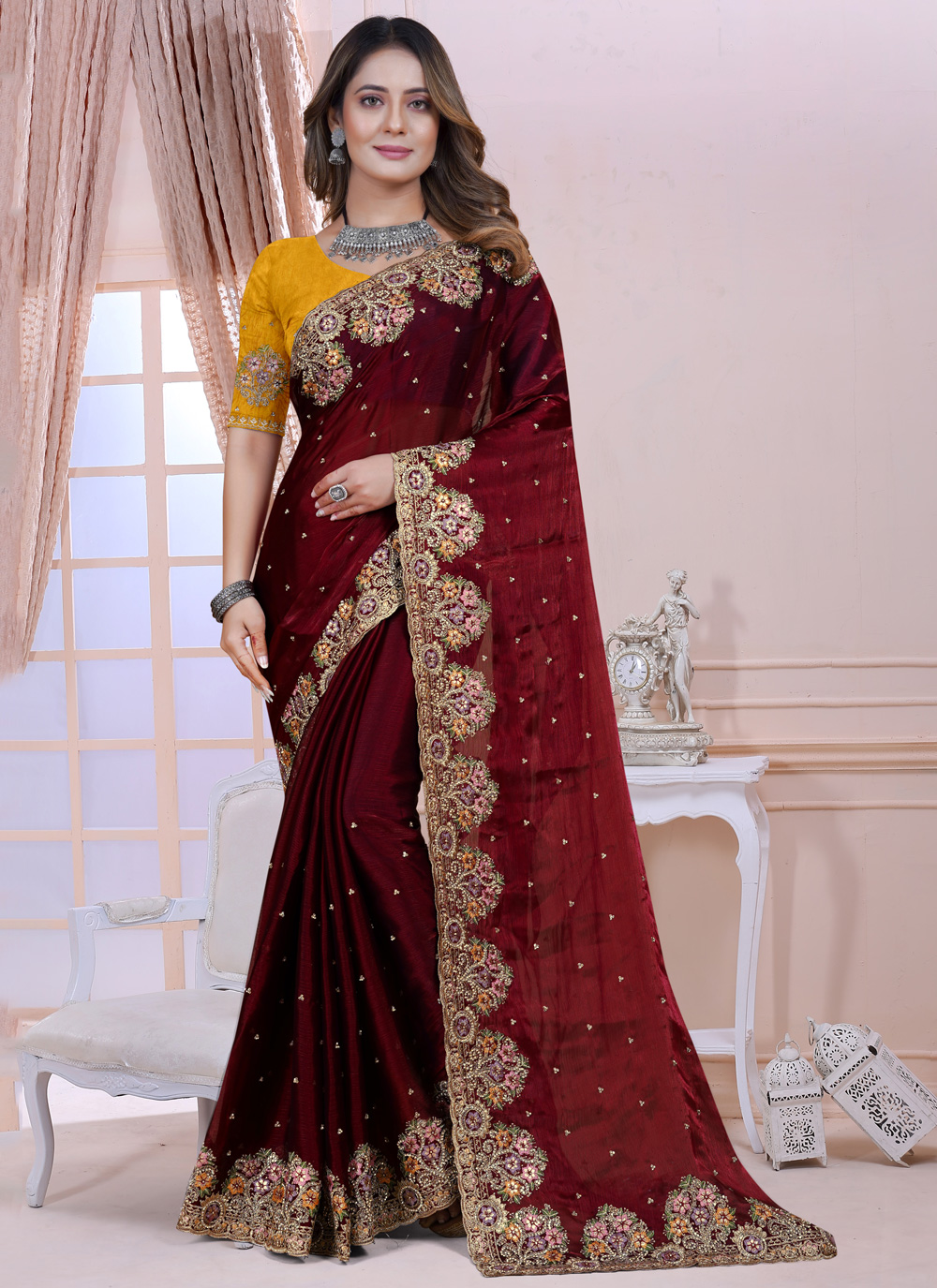 Buy Online Maroon Reception Satin Silk Designer Saree : 270651