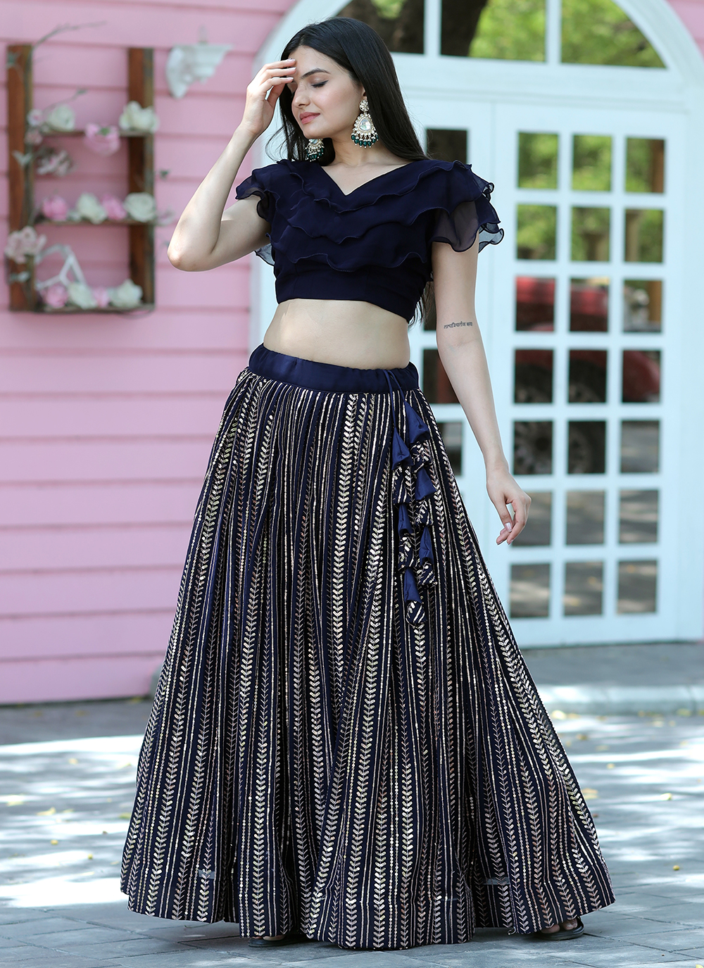 Sumptuous Navy Blue Sequins Work Silk Ready-Made Crop Top Lehenga