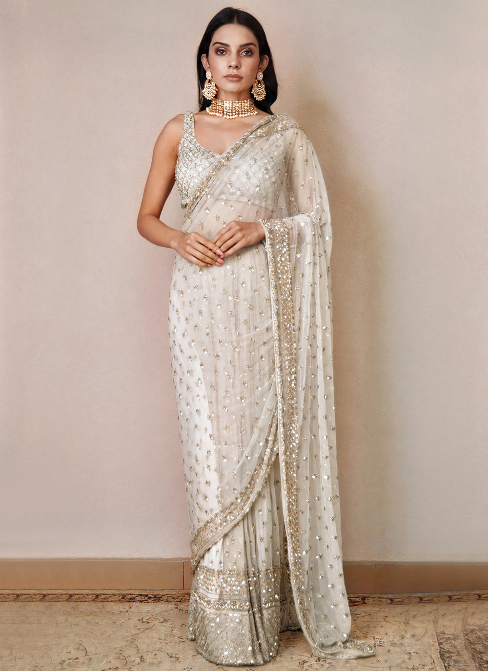Buy Net Classic Saree in Off White 263487