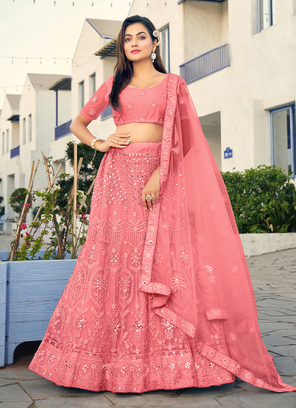 Shop Net Pink Resham Trendy Lehenga Choli Online 261269