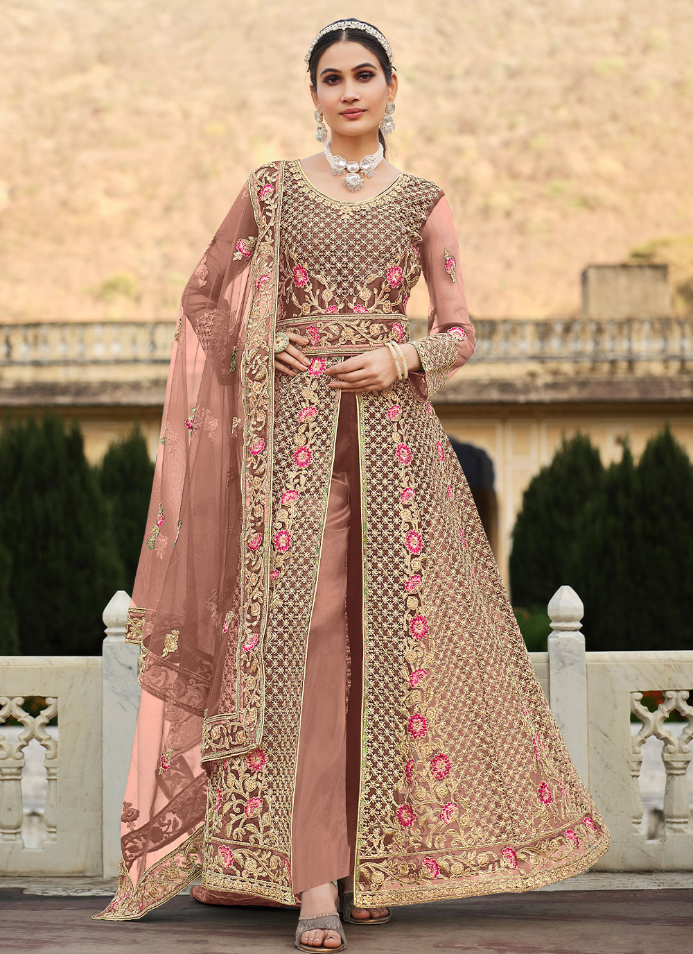 net rose pink long length salwar suit 254864