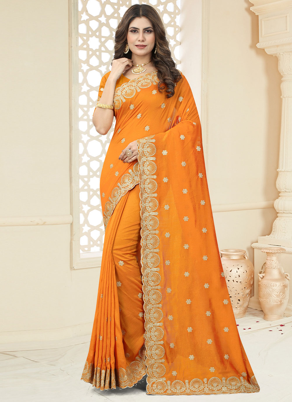 Buy Online Orange Vichitra Silk Contemporary Saree 249949 6124