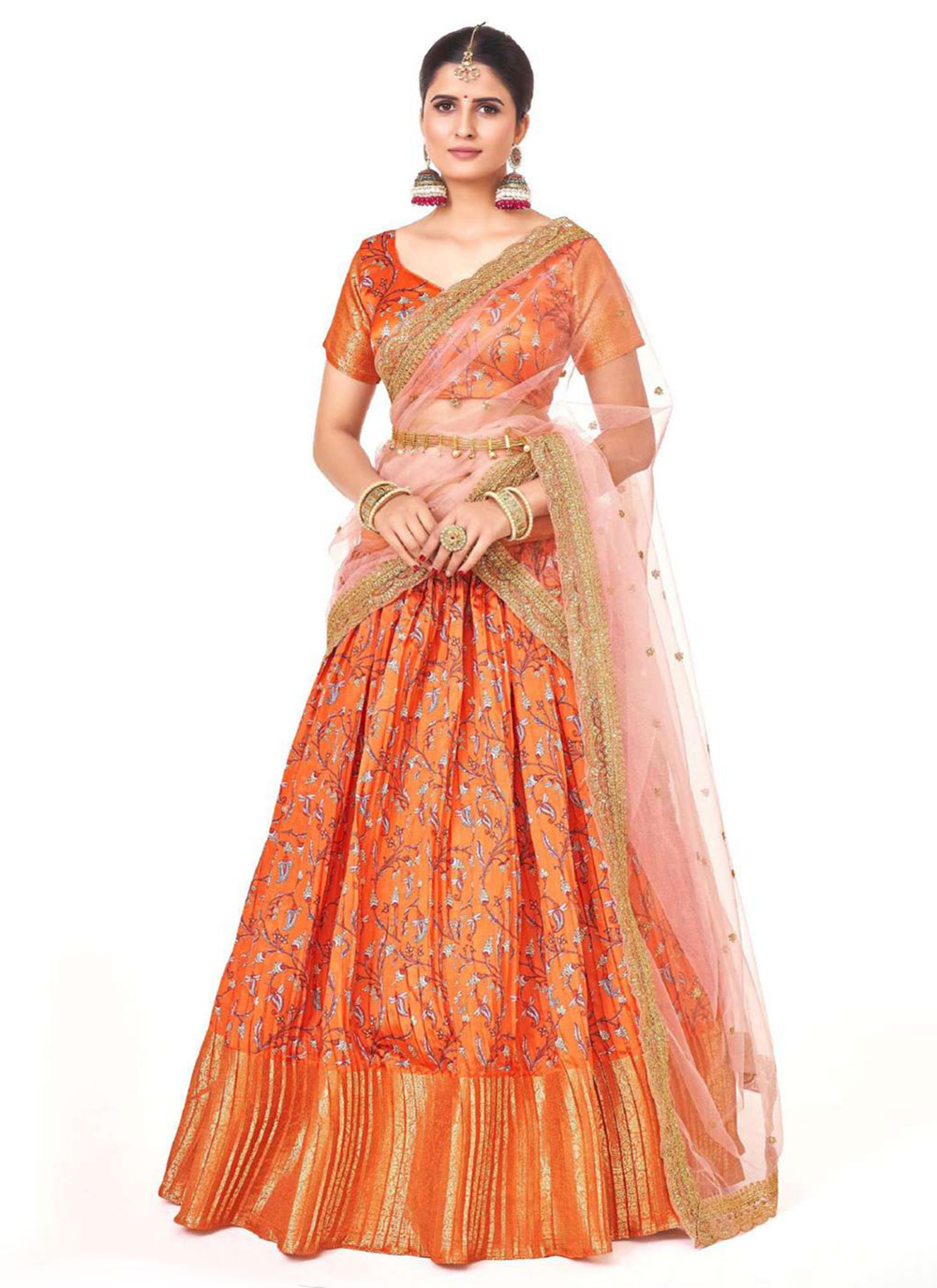 Shop Orange Zari Ceremonial Designer Long Lehenga Choli Online 253331