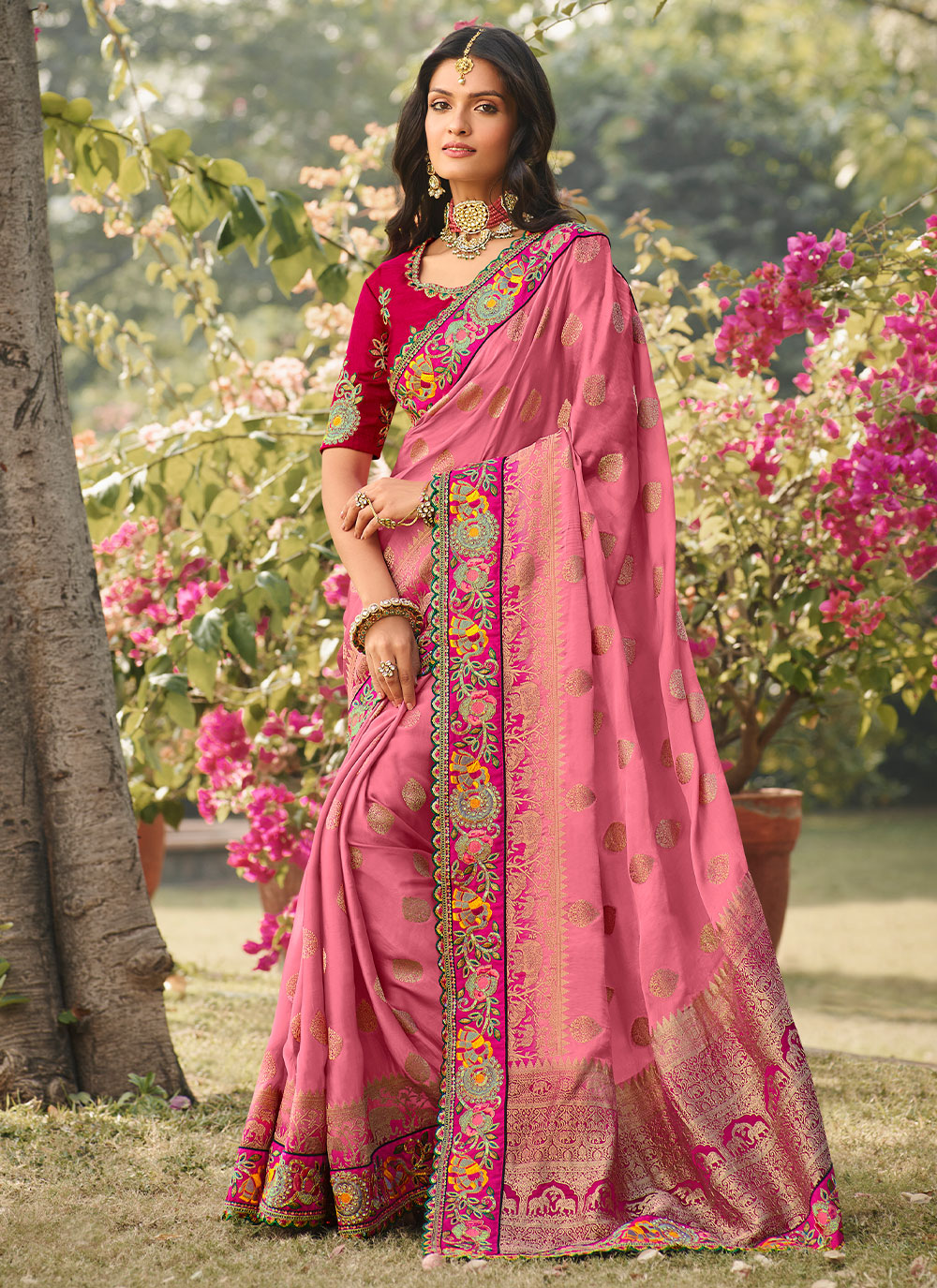 Buy Pink Silk Border Classic Saree Online