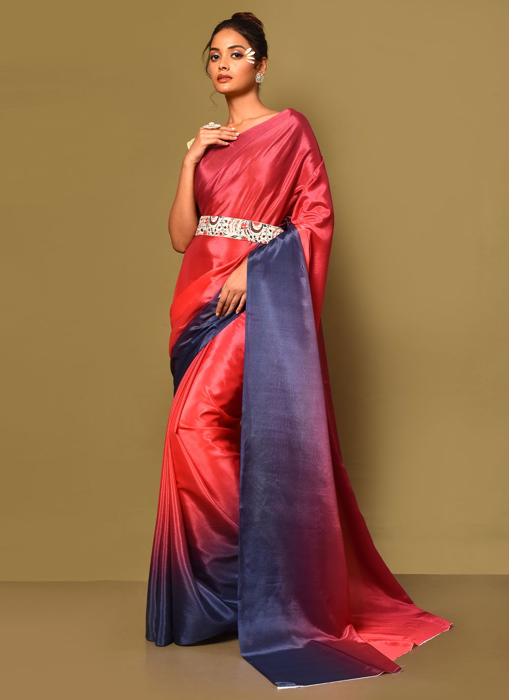 Buy Plain Red Chinon Traditional Saree Online : 259515