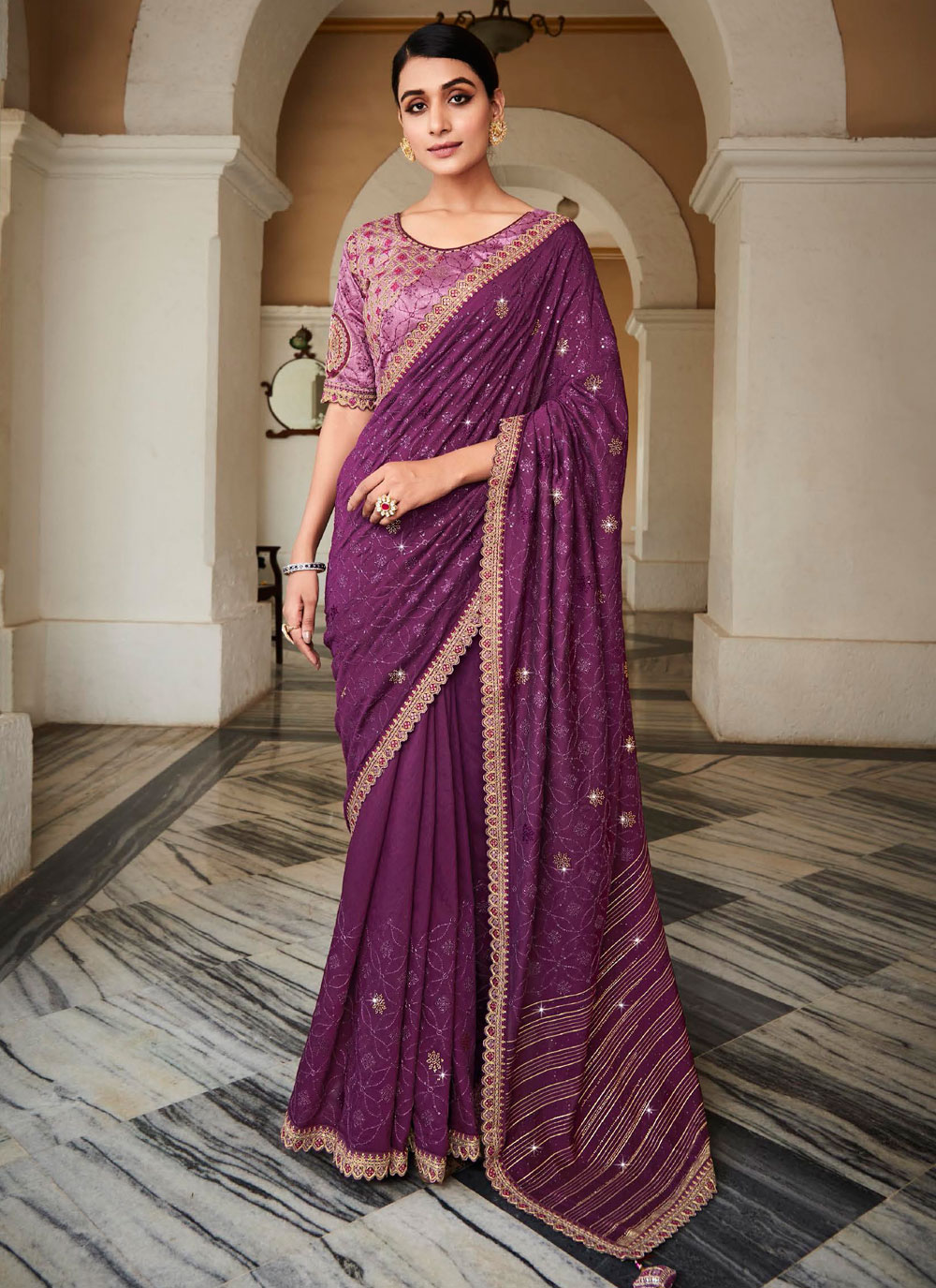 Purple Patch Border and Embroidered Work Silk Designer Sari