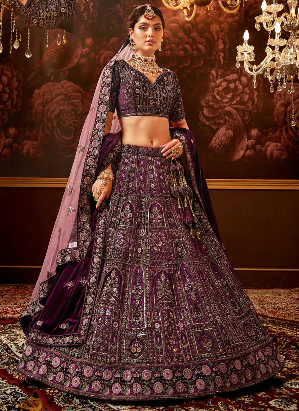 Buy Purple Velvet Lehenga Choli with Embroidered and Hand Work