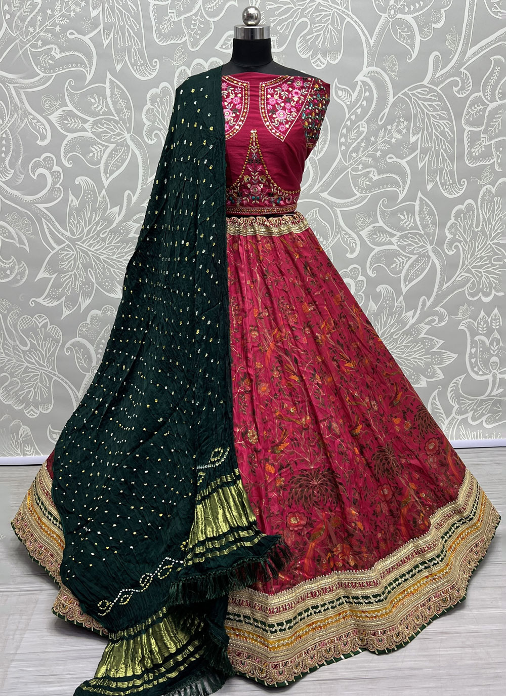 Buy Rani Geometric Print Silk Lehenga Choli with Jari and Toy Work