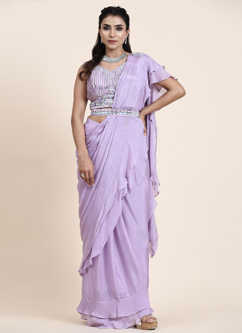 Buy Ruffle Lavender Chiffon Designer Saree Online