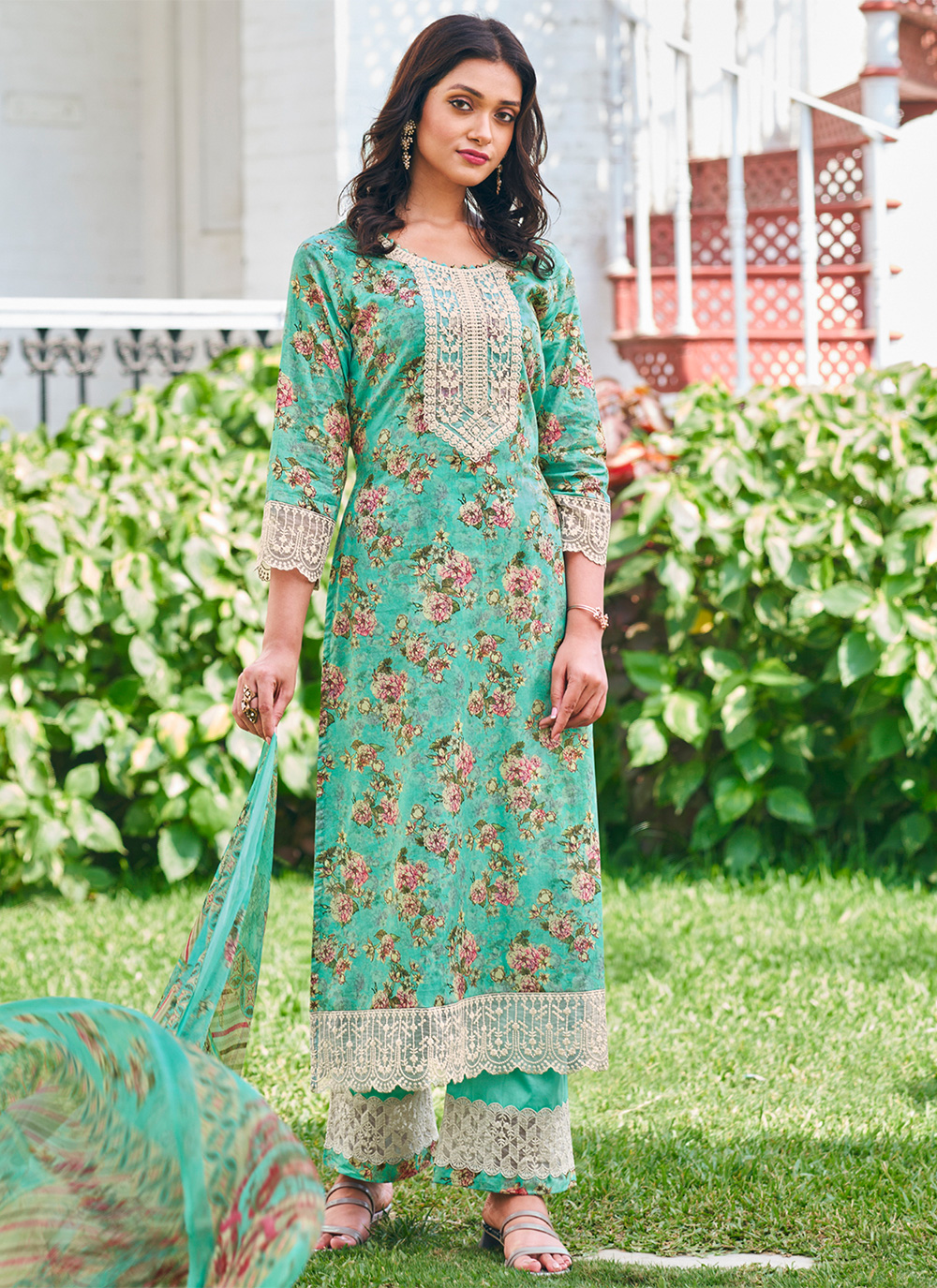 Shop Salwar Kameez Digital Print Cotton in Turquoise Online
