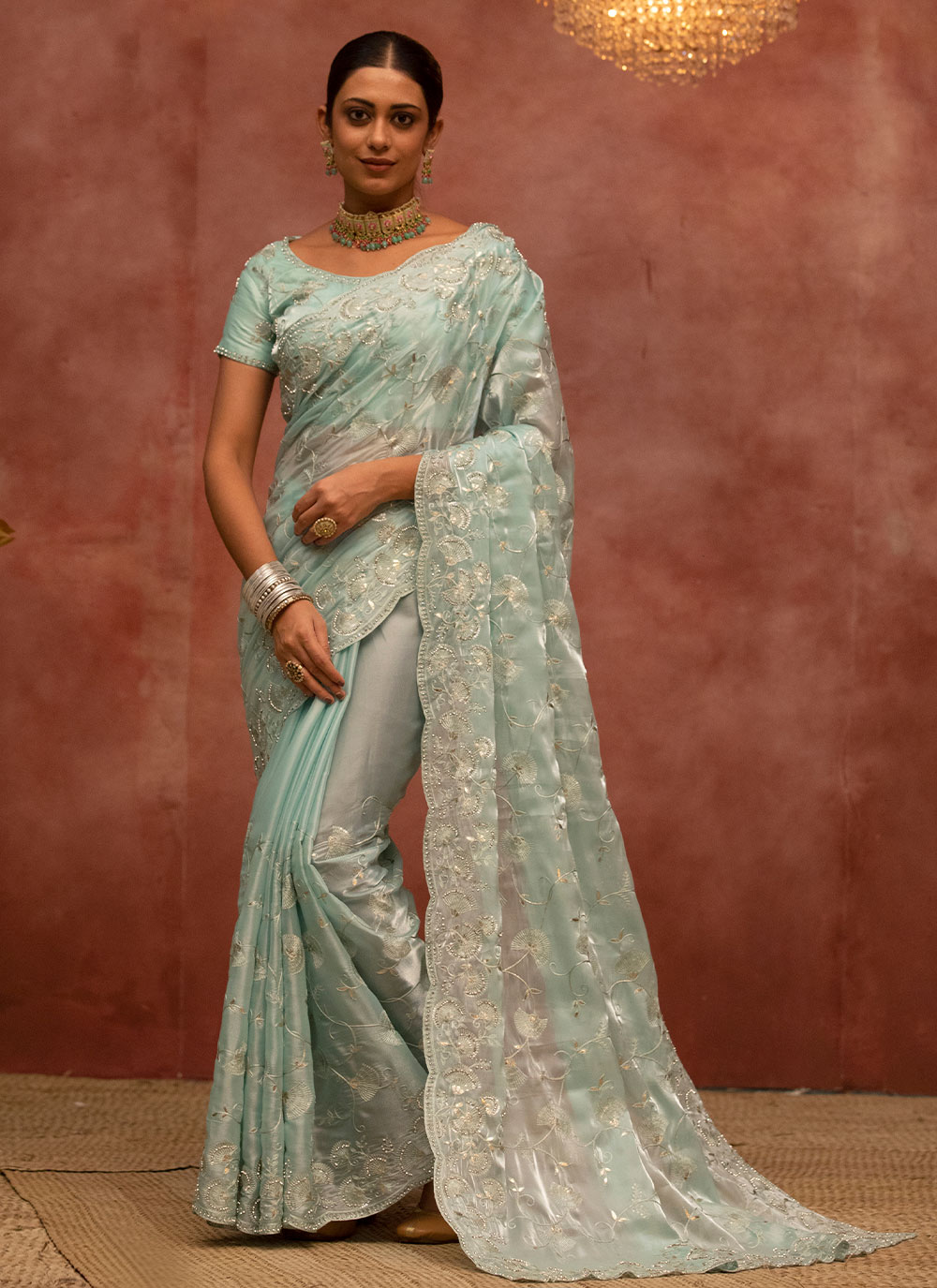 Satin Silk Sequins Aqua Blue Contemporary Style Saree