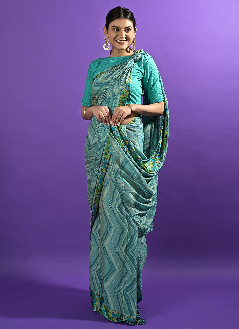 Buy Satin Turquoise Contemporary Style Saree : 249854 - Saree