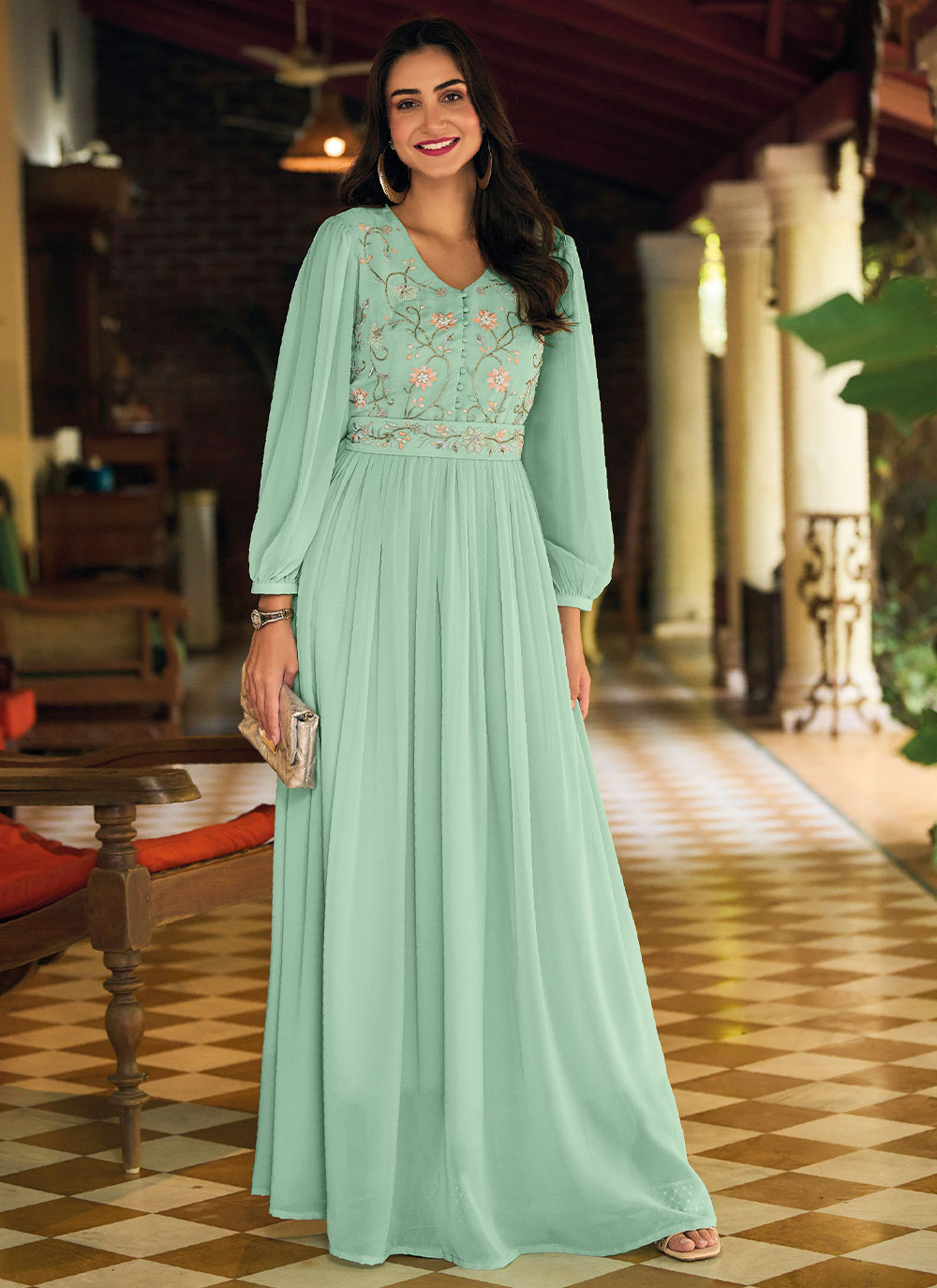 Buy Online Sea Green Color Gown : 249239