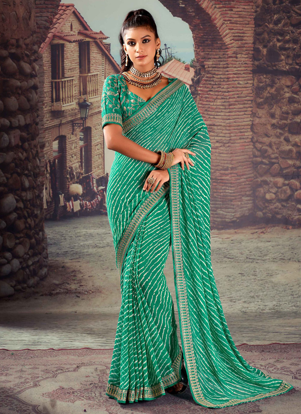 Buy Cherubic Blue Georgette Trendy Saree with Patch Border and