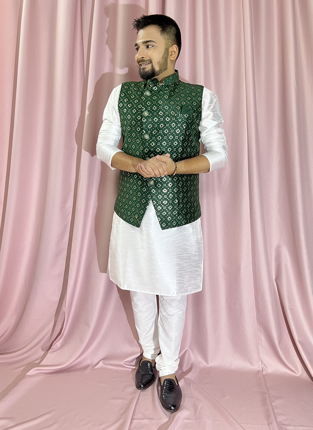 White kurta pajama 2025 with green jacket