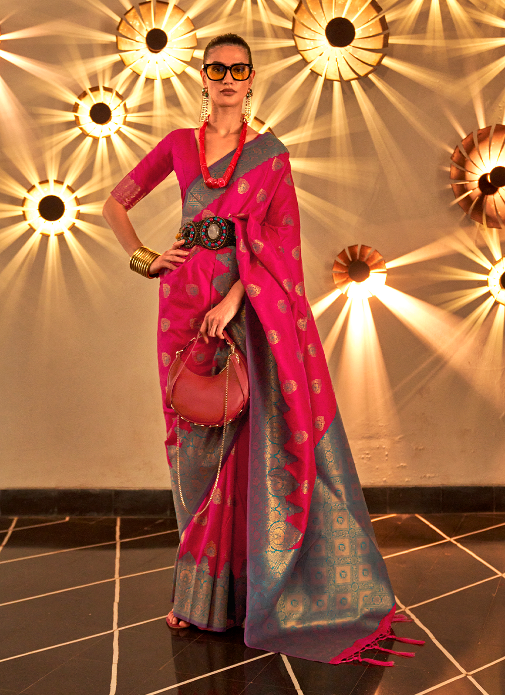 Pink and off white saree - New India Fashion