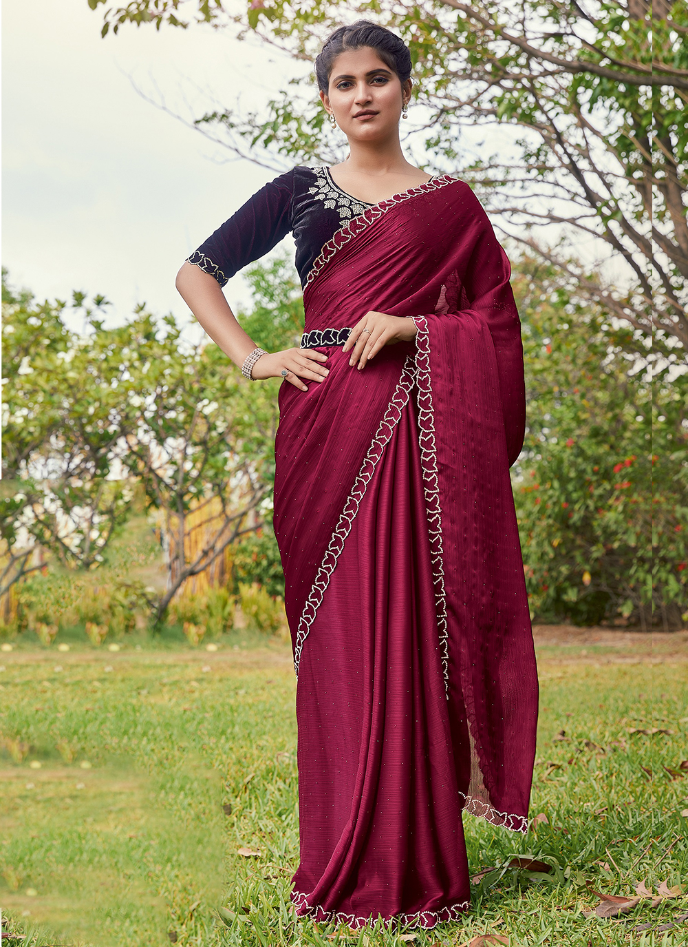 Shop Online Stone Satin Silk Trendy Saree in Hot Pink : 264023 