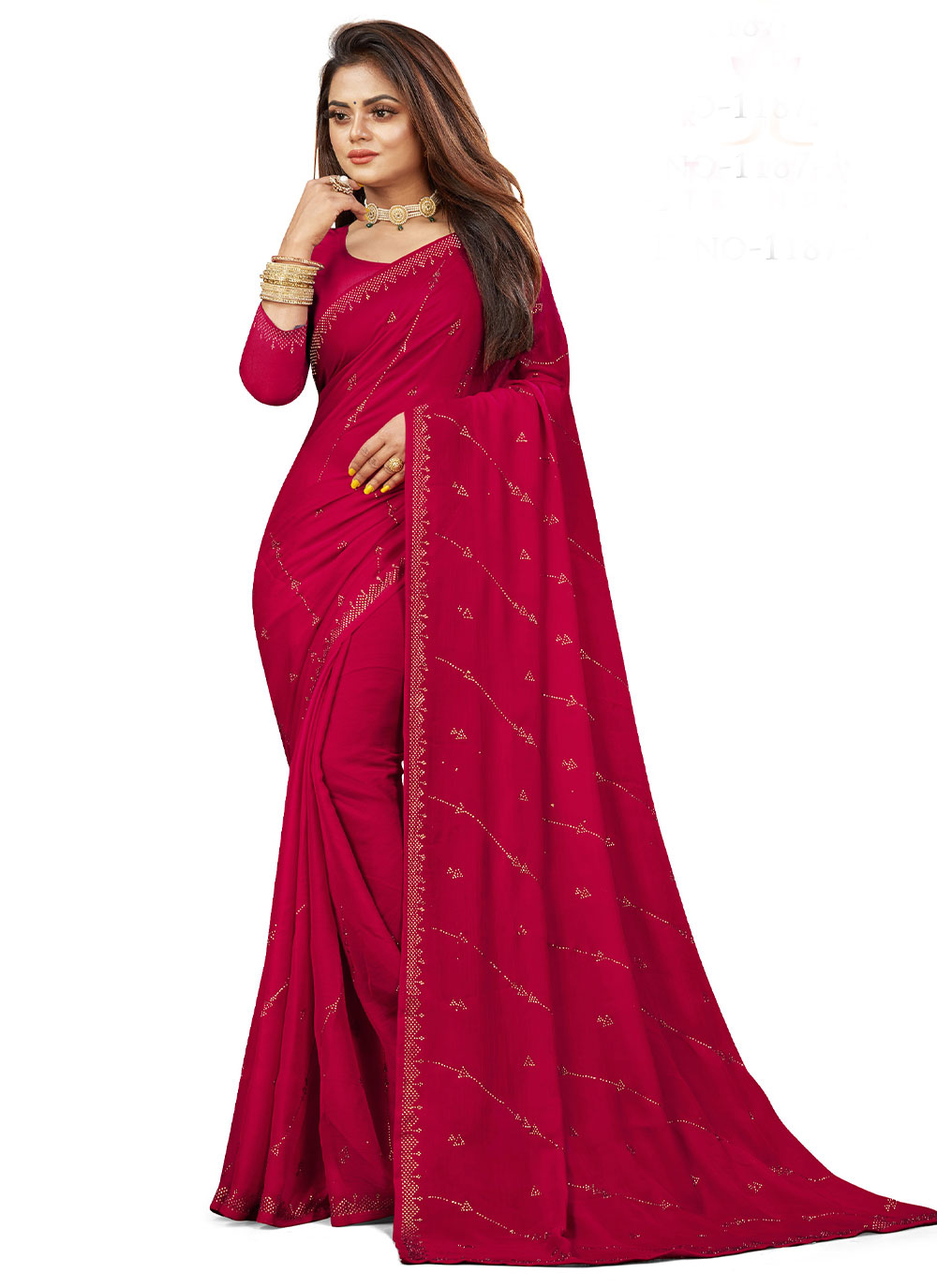 Shop Swarovski Satin Hot Pink Saree Online 250691