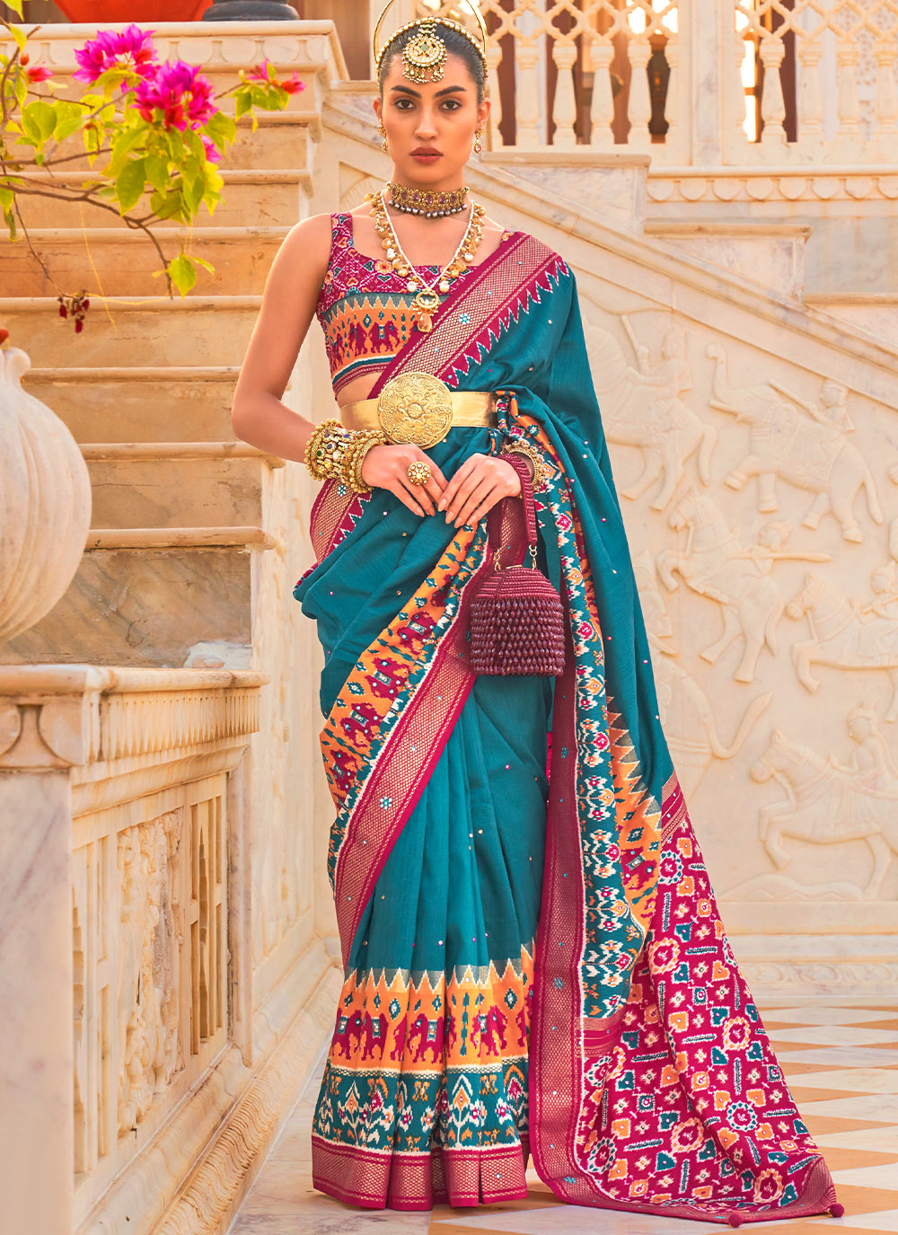 Stunning Orange And Pink Woven Patola Silk Saree – Zari Banaras