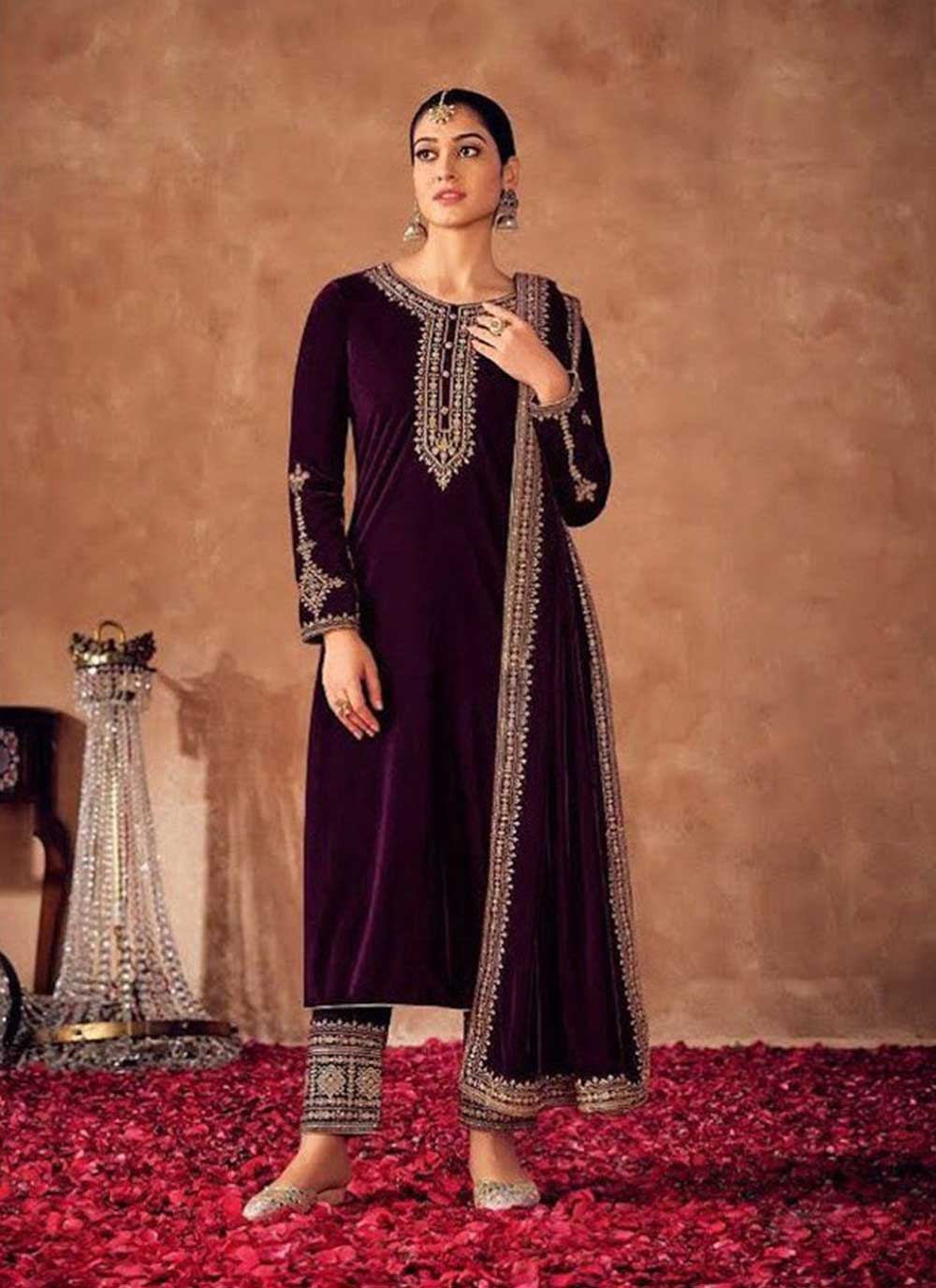 Velvet Embroidered Purple Designer Pakistani Salwar Suit buy online