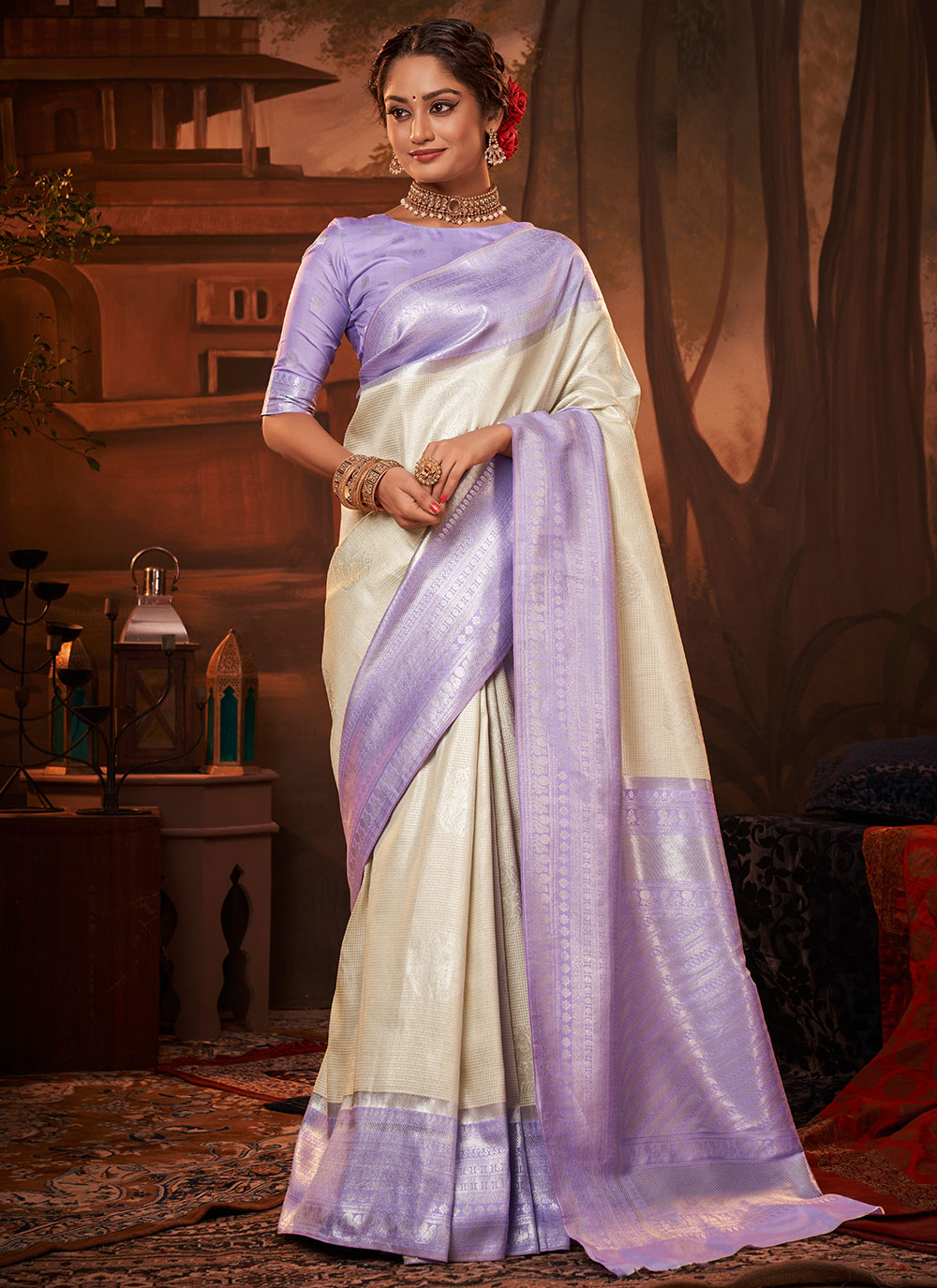 Off White Gold White Zari Cotton Silk Banarasi Saree – Wearitage India