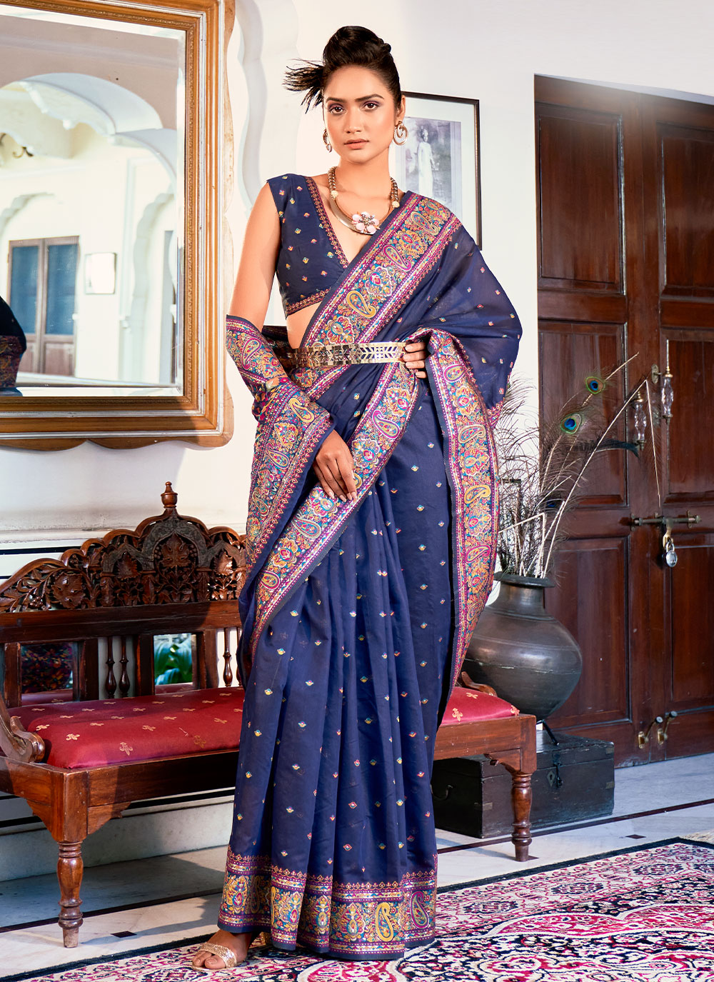 Navy Blue Plain Silk Saree With Custom Blouse Options - Etsy Canada | Satin  saree, Saree, Blue satin