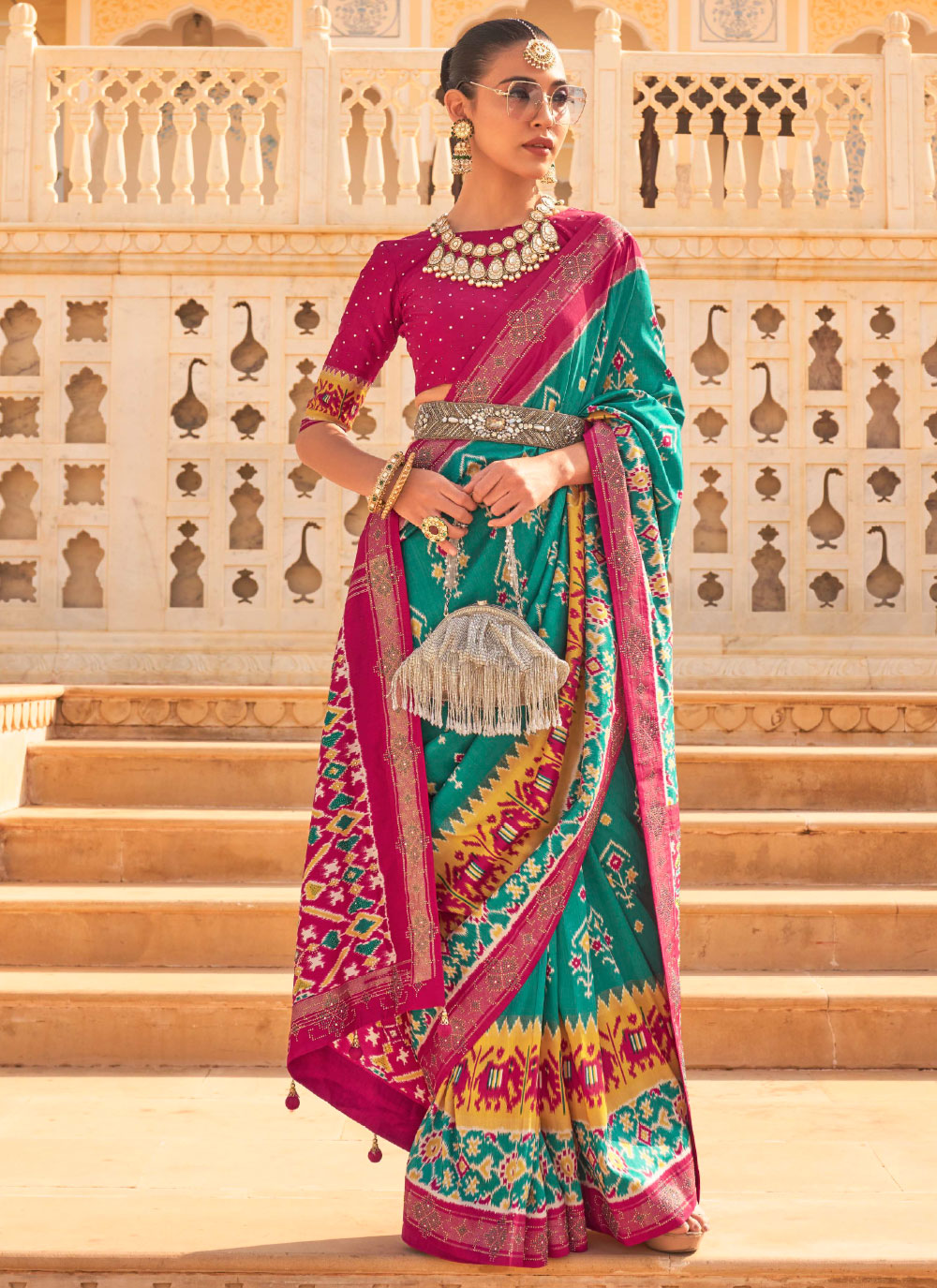 Buy Weaving Silk Pink and Rama Saree Online : 250445