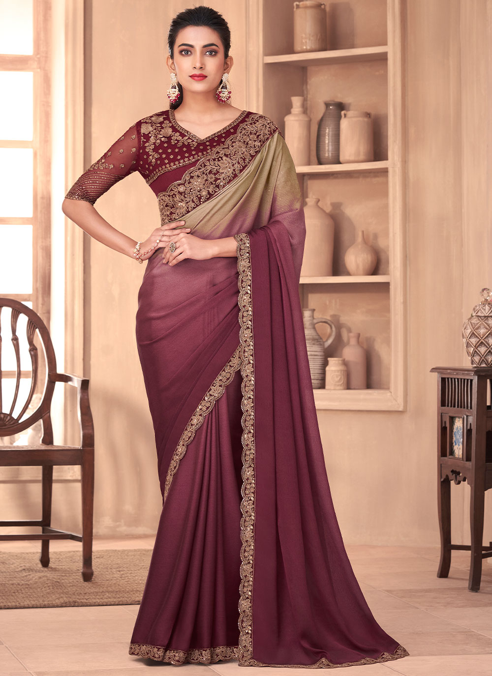 Women's And Girl's Readymade Japanese Crepe Saree With Stitched Blouse  (Maroon, Wine) : Amazon.in: Fashion