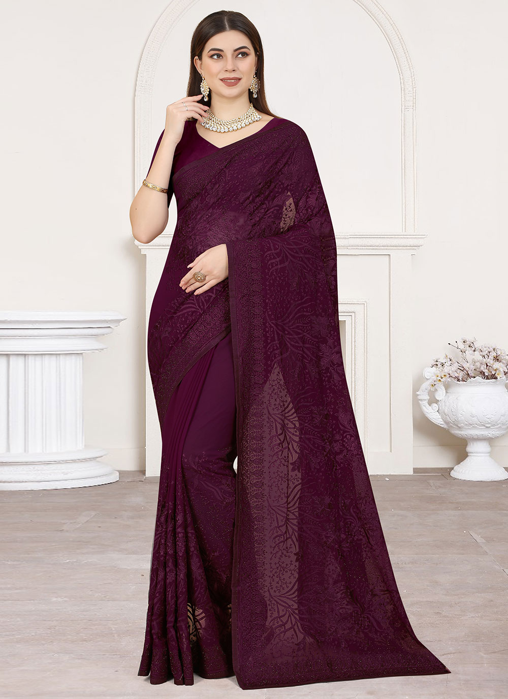 Buy Wine Georgette Classic Saree : 249056