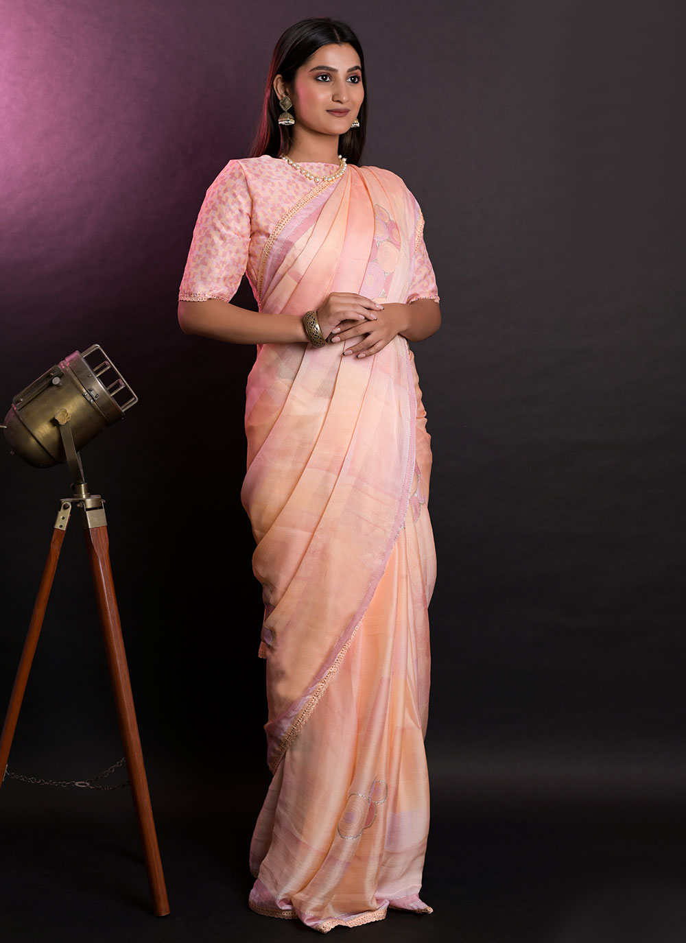 Buy Zari Chiffon Contemporary Saree in Peach Online : 249829