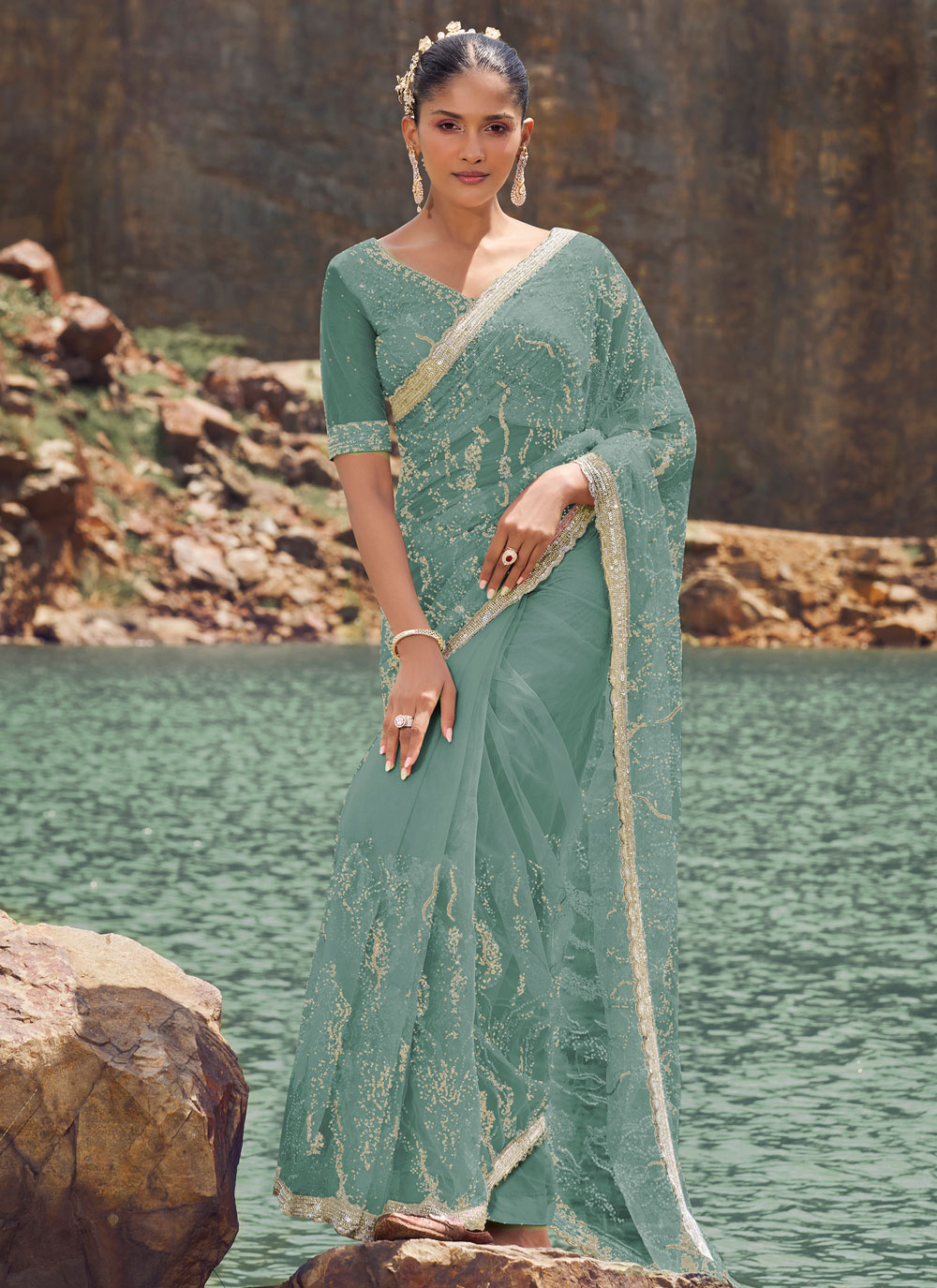Buy Online Beads, Sequins and Zari Work Net Designer Saree In