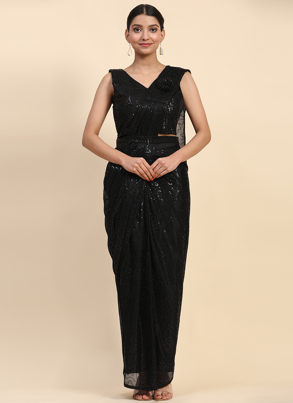 Shop Black Imported Embroidered and Sequins Work Trendy Saree for Women ...