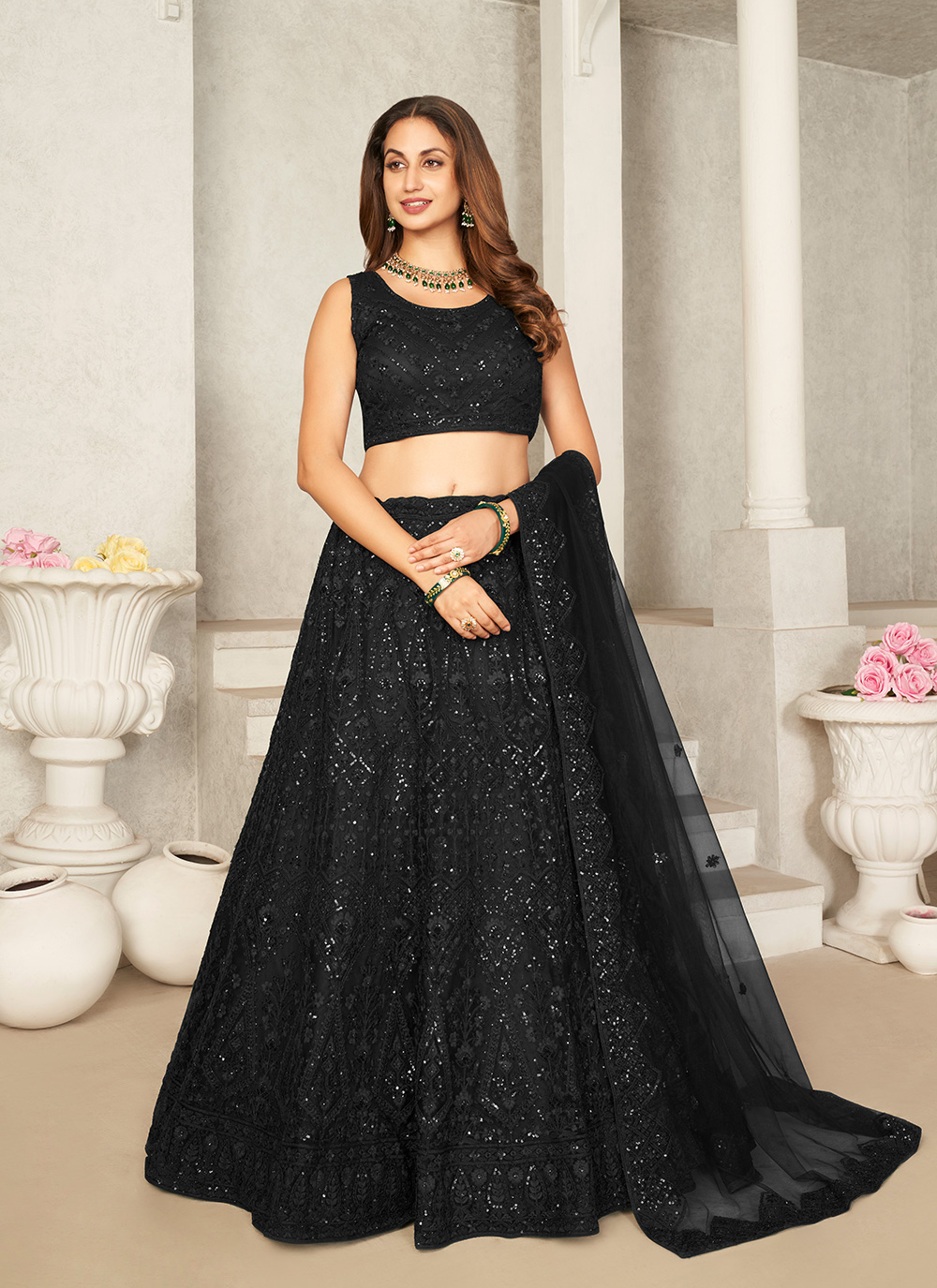 Shop Online Black Net A Line Lehenga Choli with Embroidered