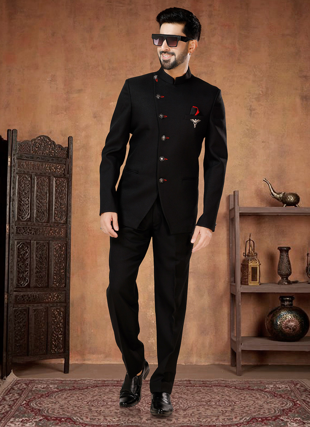 Black Rayon Jodhpuri Suit with Buttons Work for Men